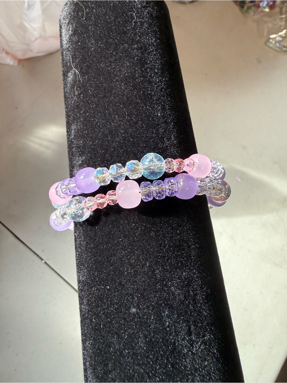 Iridescent Pink ,Lavender and Clear Beaded Stretch Bracelet Set